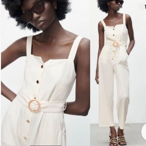 ZARA Sleeveless Belted Jumpsuit Buttons Cream - S - Picture 1 of 14